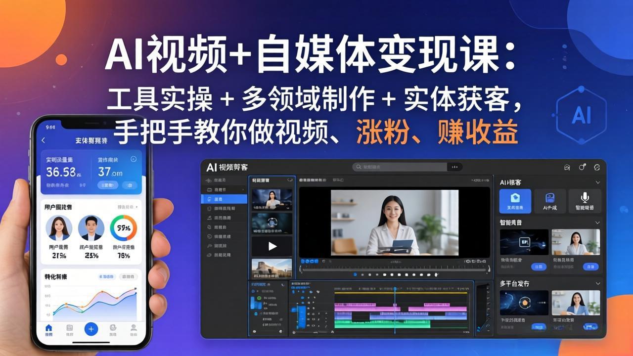 AI视频+自媒体变现课：工具实操 + 多领域制作 + 实体获客，手把手教你做视频、涨粉、赚收益-一鸣资源网