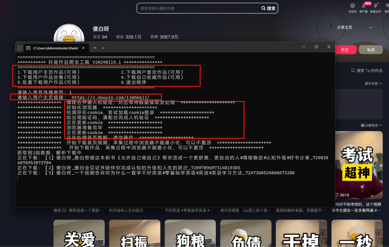 抖音视频解析、批量主页，可以下载喜欢的、收藏的、合集的