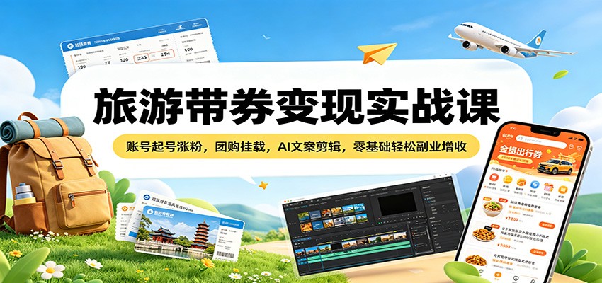 旅游带券变现实战课：账号起号涨粉，团购挂载，AI文案剪辑，零基础轻松副业增收-一鸣资源网