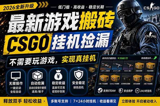最新游戏搬砖，CSGO纯挂机，不需要玩游戏，实现真挂机，月入1W+，五一小高峰上车可吃肉，…-一鸣资源网