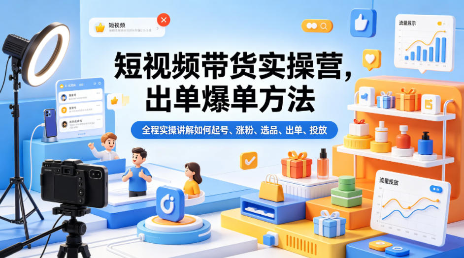 短视频带货实操营，出单爆单方法，全程实操讲解如何起号、涨粉、选品、出单、投放(更新0515)-一鸣资源网