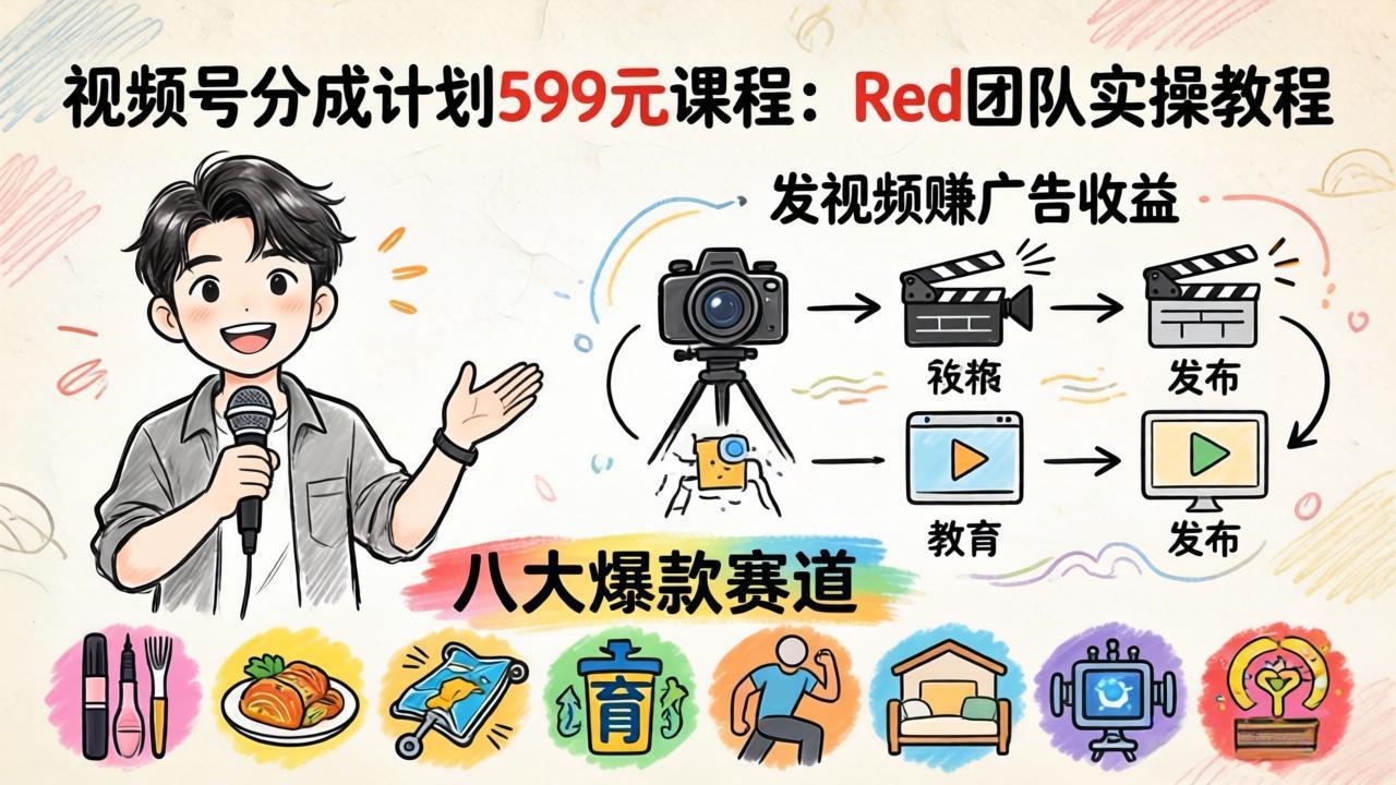视频号分成计划599元课程：Red团队实操教程，发视频赚广告收益，八大爆款赛道全掌握-一鸣资源网