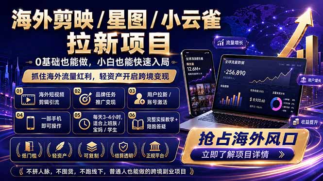 海外剪映 / 星图 / 小云雀拉新项目 普通人也能上手的跨境流量变现副业-一鸣资源网