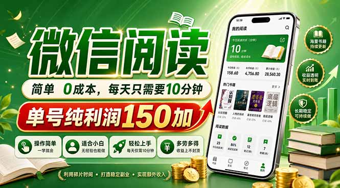 最新微信阅读，每日10分钟，单号利润150+，可批量放大操作，简单0成本-一鸣资源网