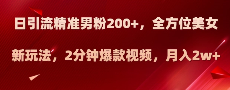 日引流精准男粉200+，全方位美女新玩法，2分钟爆款视频，月入2w+【揭秘】-一鸣资源网