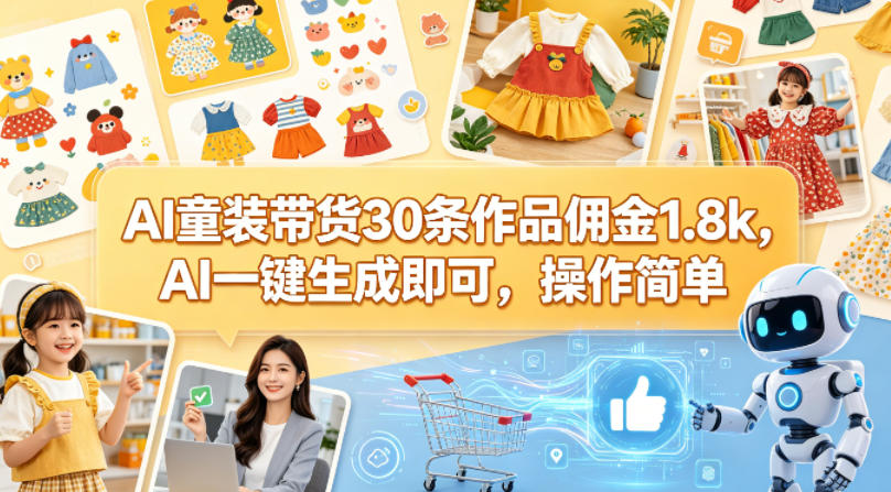 AI童装带货30条作品佣金1.8k，AI一键生成即可，操作简单-一鸣资源网