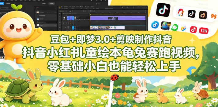 豆包＋即梦3.0+剪映制作抖音小红书儿童绘本龟兔赛跑视频，零基础小白也能轻松上手-一鸣资源网