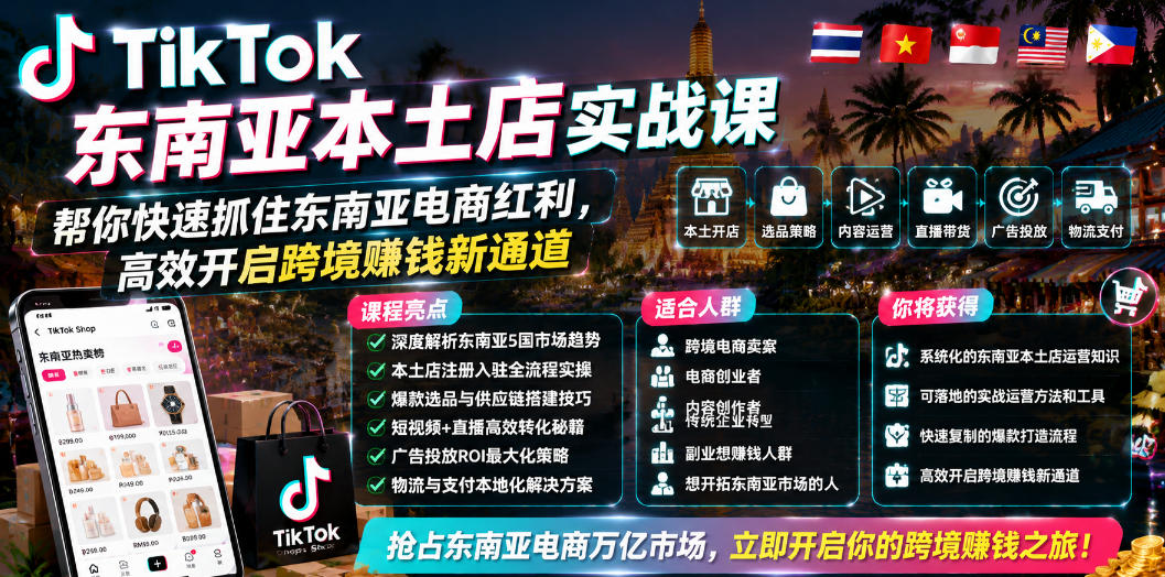 TikTok东南亚本土店实战课，帮你快速抓住东南亚电商红利，高效开启跨境賺钱新通道-一鸣资源网