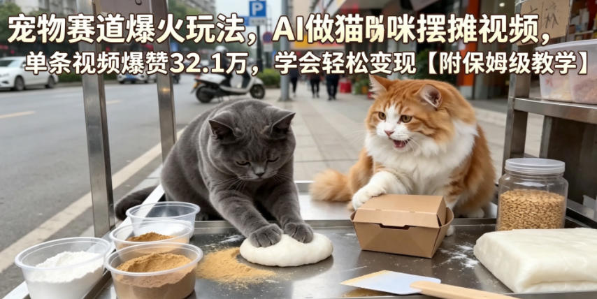 宠物赛道爆火玩法，AI做猫咪摆摊视频，单条视频爆赞32.1万，学会轻松变现【附保姆级教学】-一鸣资源网