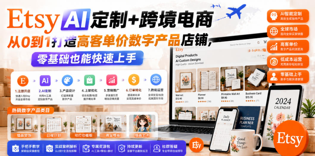 Etsy AI定制+跨境电商，从0到1打造高客单价数字产品店铺，零基础也能快速上手-一鸣资源网