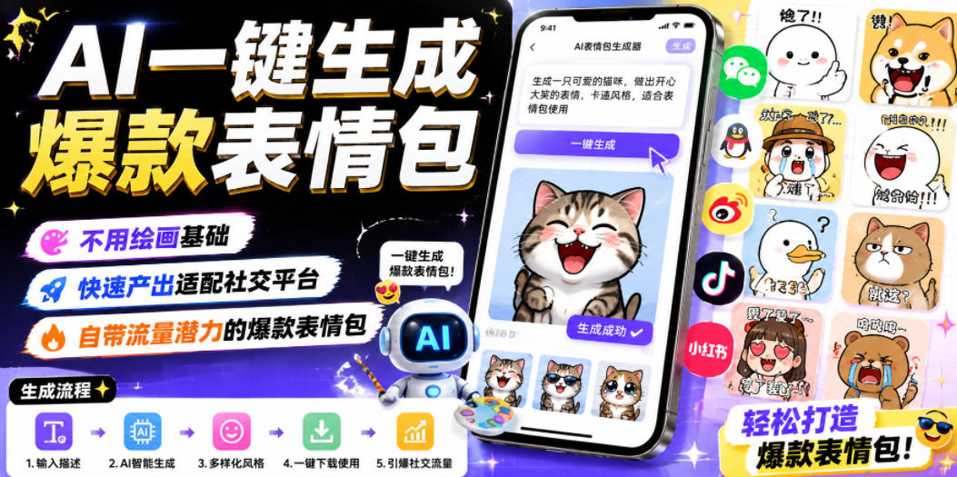 AI一键生成爆款表情包，不用绘画基础，快速产出适配社交平台，自带流量潜力的爆款表情包-一鸣资源网