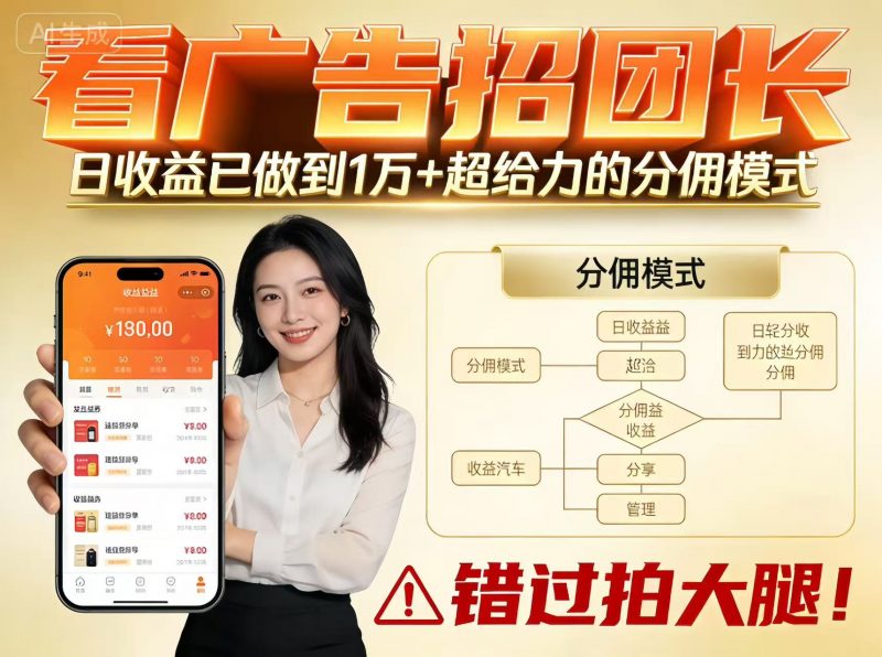 看广告招团长，团队收益已做到日入1万，分佣模式超给力，错过拍大腿-一鸣资源网