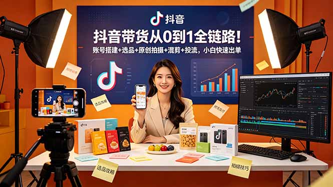 抖音带货从0到1全链路！账号搭建+选品+原创拍摄+混剪+投流，小白快速出单-一鸣资源网
