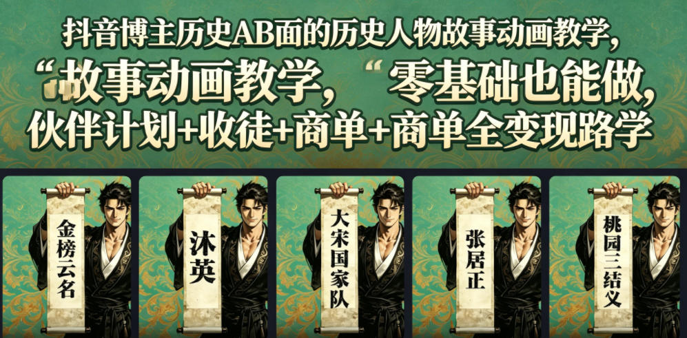 抖音博主历史AB面的历史人物故事动画教学，零基础也能做，伙伴计划+收徒+商单全变现路径教学-一鸣资源网