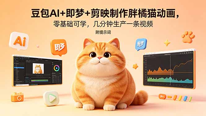 豆包AI+即梦+剪映制作胖橘猫动画，零基础可学，几分钟生产一条视频，附提示词-一鸣资源网