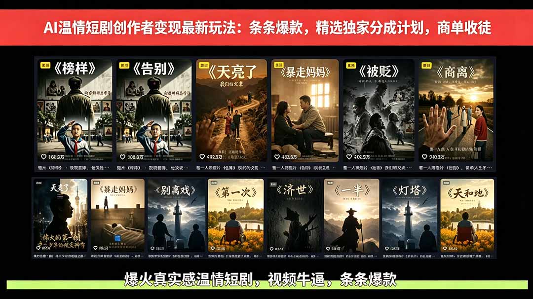 AI温情短剧创作者变现最新玩法：视频牛逼，条条爆款，精选独家分成计划，商单收徒-一鸣资源网