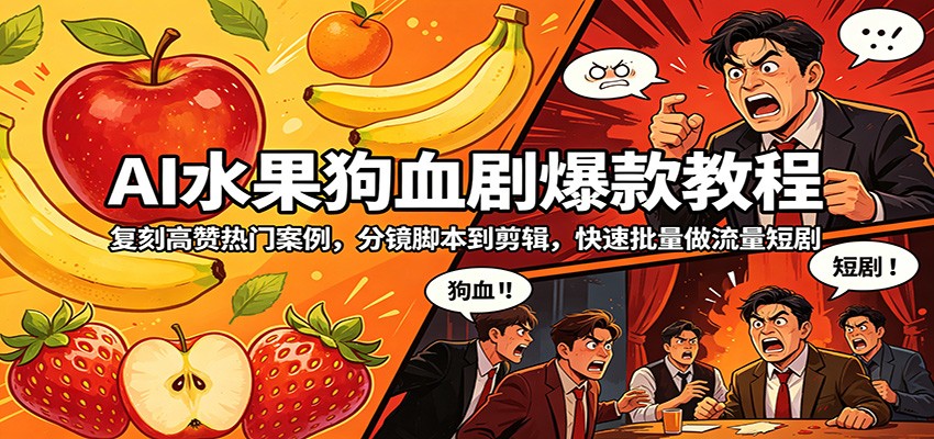 AI水果狗血剧爆款教程：复刻高赞热门案例，分镜脚本到剪辑，快速批量做流量短剧-一鸣资源网