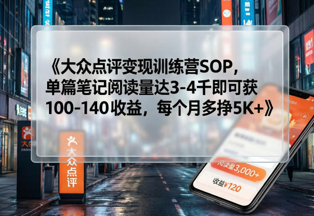 大众点评变现训练营SOP，单篇笔记阅读量达3-4千即可获100-140收益，每个月多挣5K+-一鸣资源网