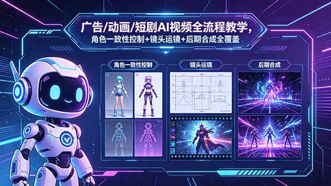 广告/动画/短剧AI视频全流程教学，角色一致性控制+镜头运镜+后期合成全覆盖-一鸣资源网