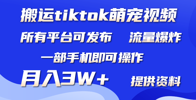 只搬运Tiktok萌宠类视频，1部手机即可。适合所有短视频平台均，月入3W+-一鸣资源网