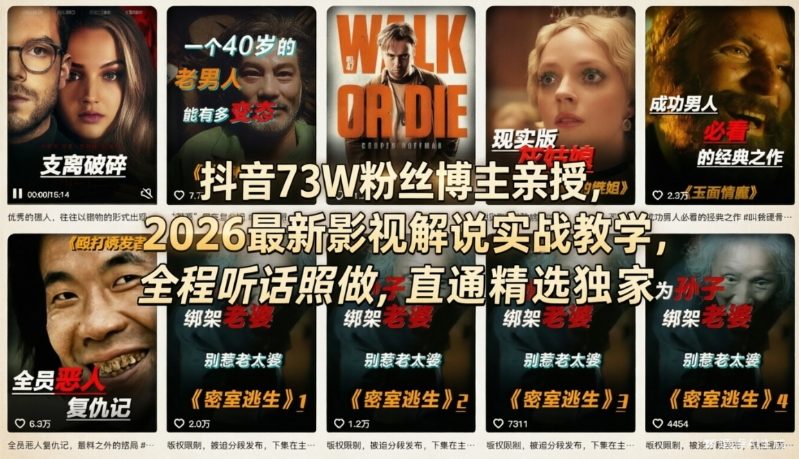 抖音73W粉丝博主亲授，2026最新影视解说实战教学，全程听话照做，直通精选独家-一鸣资源网