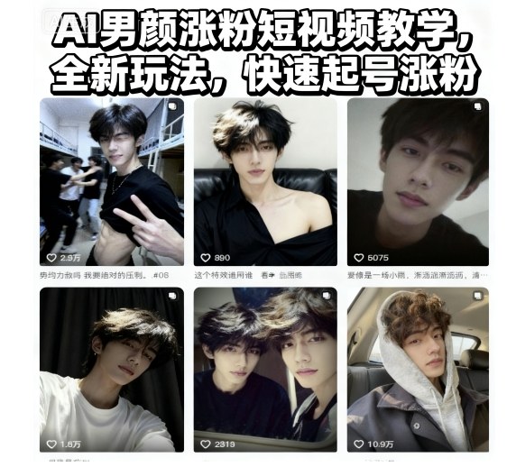 AI男颜涨粉短视频教学，全新玩法，快速起号涨粉-一鸣资源网