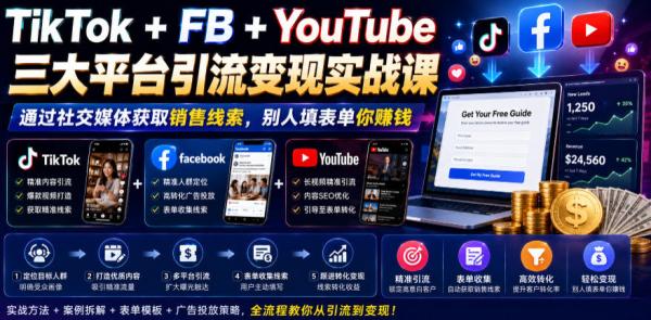 图片[1]-TikTok+FB+YouTube三大平台引流变现实战课，通过社交媒体获取销售线索，别人填表单你賺钱【原创双语字幕】-一鸣资源网