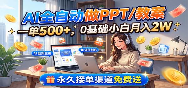 AI全自动做PPT/教案，一单500+，0基础小白月入2W，永久接单渠道免费送-一鸣资源网