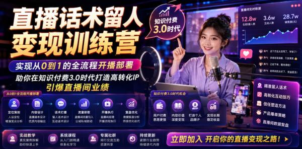 直播话术留人变现训练营，实现从0到1的全流程开播部署，助你在知识付费3.0时代打造高转化IP，引爆直播间业绩-一鸣资源网