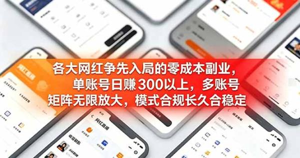 各大网红争先入局的零成本副业，单账号日赚 300 以上，多号矩阵可放大，模式合规长久稳定！-一鸣资源网