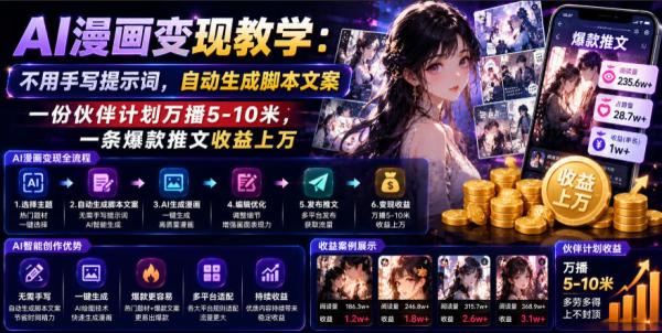 图片[1]-AI漫画变现教学：不用手写提示词，自动生成脚本文案，一份伙伴计划万播5-10米，一条爆款推文收益上W-一鸣资源网