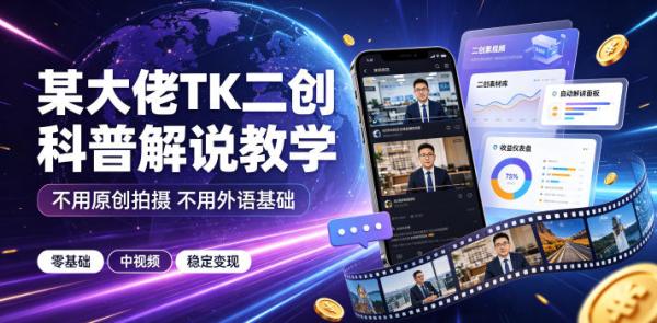 某大佬TK二创科普解说教学，不用原创拍摄不用外语基础，零基础做TikTok中视频稳定变现-一鸣资源网
