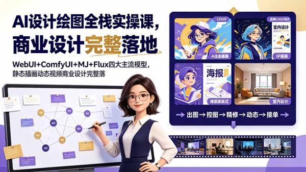 AI设计绘图全栈实操课，WebUI+ComfyUI+MJ+Flux四大主流模型，静态插画动态视频商业设计完整落地教程-一鸣资源网