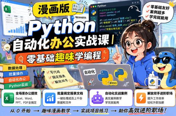 漫画版Python自动化办公实战课｜零基础趣味学编程，全场景办公提效、批量搞定报表文档、解放双手进阶职场-一鸣资源网
