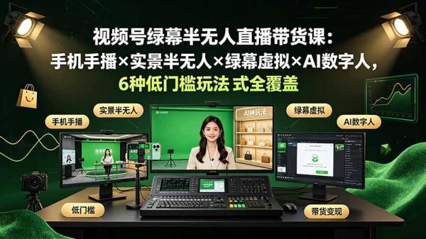 视频号绿幕半无人直播带货课：手机手播×实景半无人×绿幕虚拟×AI数字人，6种低门槛玩法全覆盖-一鸣资源网