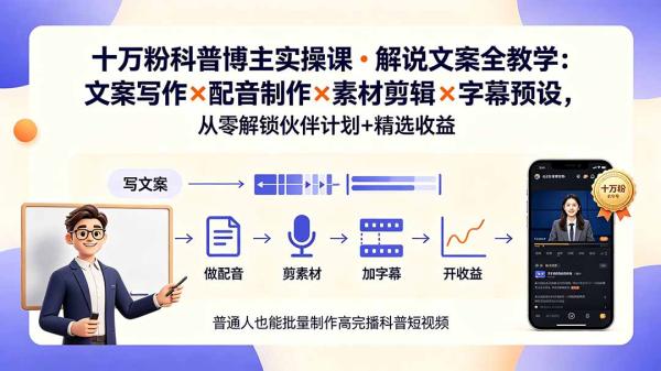 图片[1]-10万粉科普博主实操课-解说文案全教学：文案写作×配音制作×素材剪辑×字幕预设，从零解锁伙伴计划+精选收益-一鸣资源网