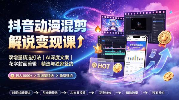 图片[1]-抖音动漫混剪解说变现课：双增量精选打法｜AI深度文案｜花字封面剪辑｜ 精选与独家签约日入1000+-一鸣资源网