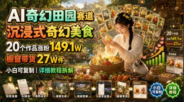 AI奇幻田园赛道，沉浸式奇幻美食，20个作品涨粉149.1W，橱窗带货27W件，小白可复制，详细教程拆解-一鸣资源网