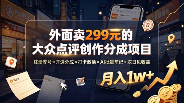 图片[1]-外面卖299元的大众点评创作分成项目：注册养号×开通分成×打卡激活×AI批量笔记×次日见收益，月入1w+-一鸣资源网