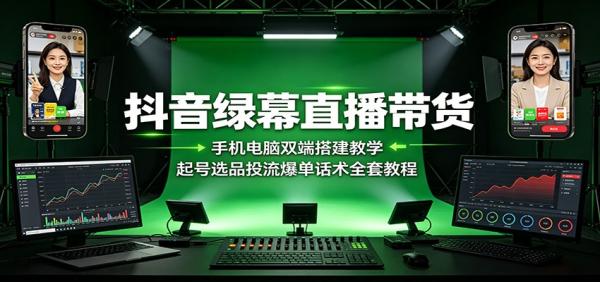 抖音绿幕直播带货：手机电脑双端搭建教学，起号选品投流爆单话术全套教程-一鸣资源网