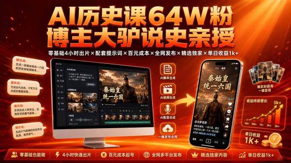 图片[1]-AI历史课64W粉博主大驴说史亲授：零基础4小时出片×配套提示词×百元成本×全网发布×精选独家×单日收益1k+-一鸣资源网