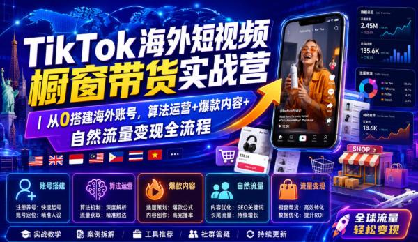 TikTok海外短视频橱窗带货实战营｜从0搭建海外账号，算法运营+爆款内容+自然流量变现全流程-一鸣资源网
