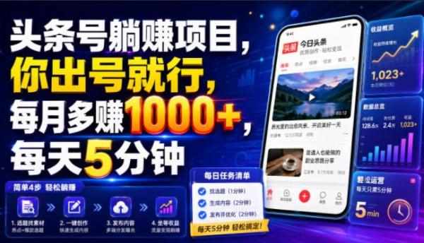 头条号躺賺项目，你出号就行，每月多賺1000+，每天5分钟，坐等分米【揭秘】-一鸣资源网