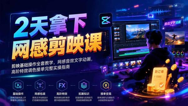 2天拿下网感剪辑课｜剪映基础操作全套教学，网感音效文字动画，高阶特效调色接单完整实操指南-一鸣资源网