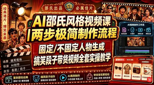 AI邵氏风格视频课｜两步极简制作流程，固定/不固定人物生成，搞笑段子带货视频全套实操教学-一鸣资源网