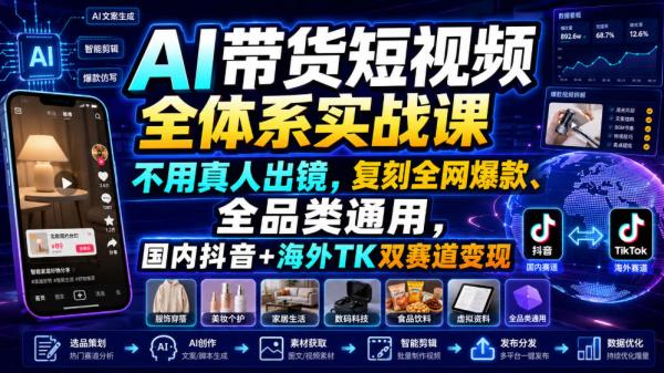 AI带货短视频全体系实战课，不用真人出镜，复刻全网爆款、全品类通用，国内抖音+海外TK双赛道变现-一鸣资源网