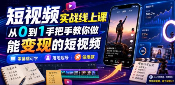 短视频实战线上课，从0到1手把手教你做能变现的短视频，零基础可学，落地起号做爆款-一鸣资源网