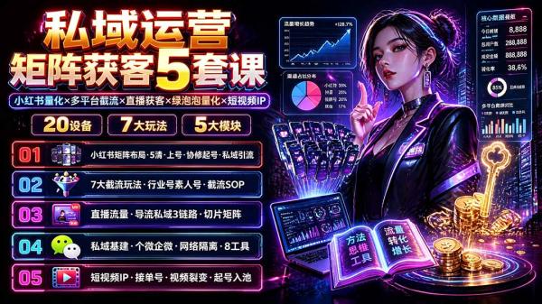 私域运营矩阵获客5套课：小红书量化×多平台截流×直播获客×绿泡泡量化×短视频IP×20设备×7大玩法-一鸣资源网