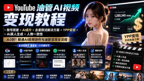 图片[1]-YouTube油管AI视频变现教程：账号搭建×AI成片×去重限流解决方案×YPP变现×AI真人生成×人物一致性-一鸣资源网