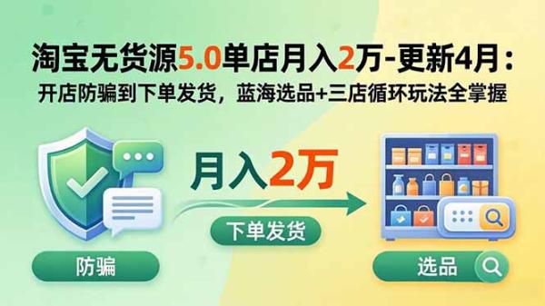 淘宝无货源5.0单店月入2万-更新2026：开店防骗到下单发货，蓝海选品+三店循环玩法全掌握-一鸣资源网